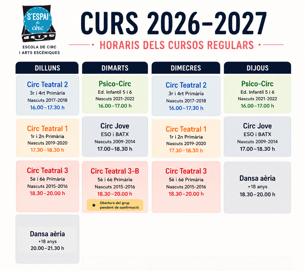 Horaris Espai de Circ Escola Menorca 2026-2027